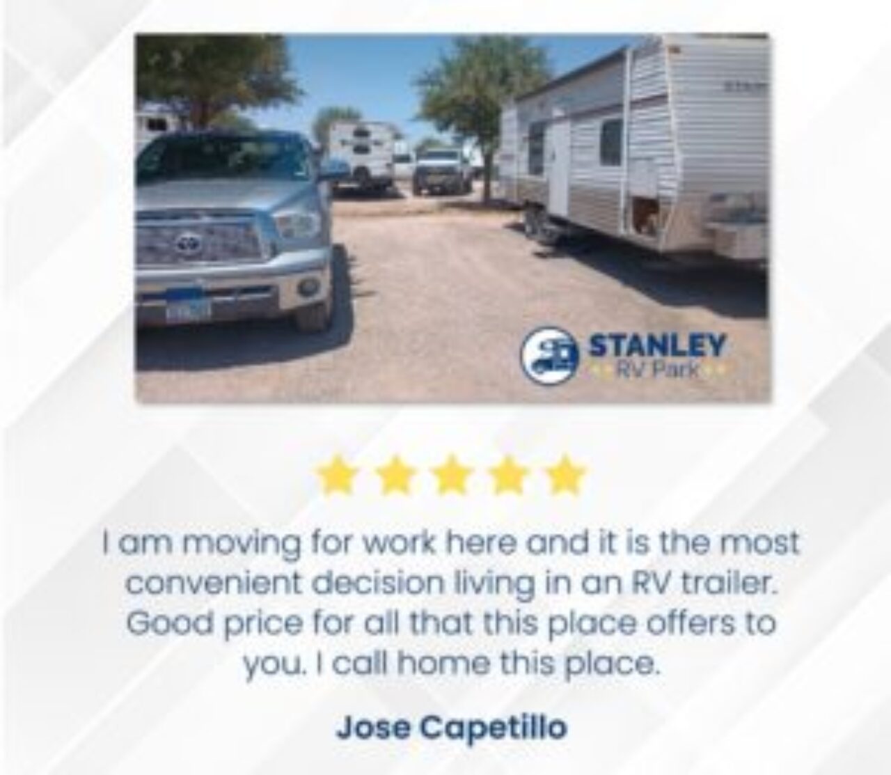 Five star customer review - Stanley RV Park in Midland, TX