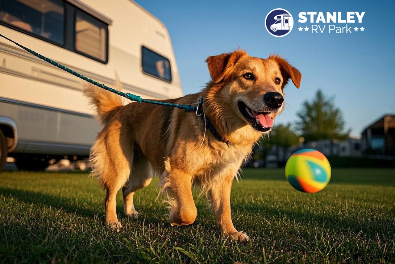 A dog happily playing in a pet-friendly RV park