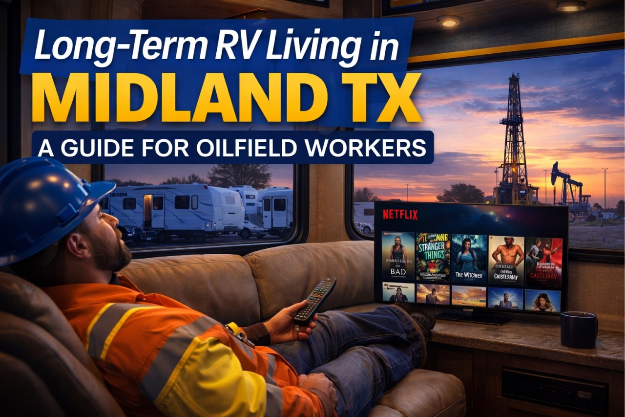 Oilfield worker relaxing inside a modern RV at a long-term RV park in Midland TX.