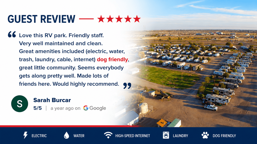 "Great amenities included (electric, water, trash, laundry, cable, internet) dog friendly, great little community. Would highly recommend" Sarah Burcar on Google Reviews